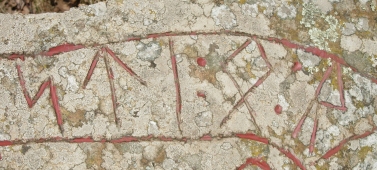 Närbild på del av runstenen, med 6 runor synliga. Foto: Mattias Schönbeck