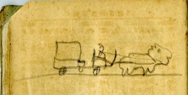 Teckning av vagn som dras av häst eller oxe.