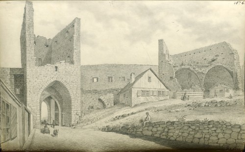 Inside of Visby city wall with the northern city gate (Norderport) and the "Coining House". Pencil-drawing by Per Arvid Säve, from 1850. Photo: Lars Kennerstedt