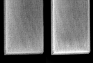 Röntgenbild på furu, före och efter tjärmålning.
