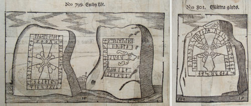 De försvunna runstenarna Sö 145 och Sö 147 vid Eneby respektive Glottra i Runtuna socken. Träsnitt efter teckningar utförda av Johan Peringskiöld 1685. Efter Bautil (1750).