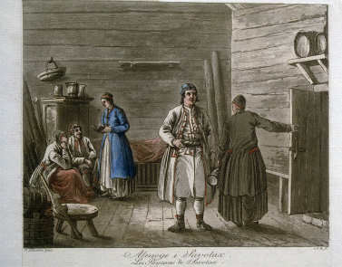 Allmoge i Savolax, Finland, Allmoge i Savolax. Akvatint över konturetsning av Johan Fredrik Martin efter Pehr Hilleström d.ä. Ca 1800.