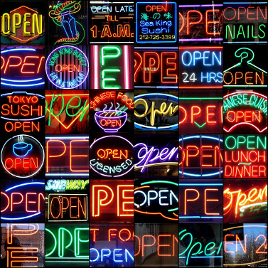 Mosaik med en massa neonskyltar där det står "open"