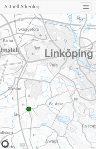 Karta över området runt Linköping med en punkt vid gravfältet i Slaka.