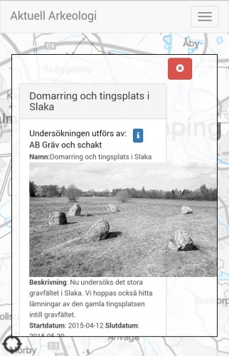 Informationssida i Aktuell Arkeologi om domarring och tingsplats i Slaka. Svartvit bild på resta stenar i en domarring tillsammans med text om undersökningen. Bilden skjuter ut i marginalen till höger.