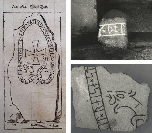Hadorphs och Leitz träsnitt i Bautil (B 360) samt fotografier av de två fragment som påträffades vid Hagby prästgård i början av 1930-talet. Det upptill till höger försvann i samband med kyrkans renovering 1935. Har någon kanske sett till det? Foto Magnus Källström resp. ATA