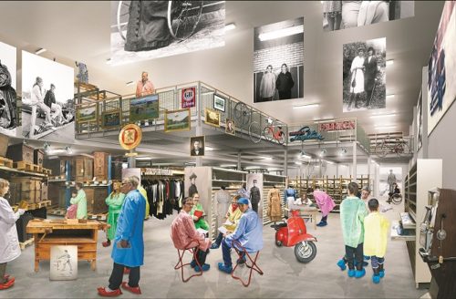 Bilden föreställer arkitekternas vision av det nya magasinet på Sörmlands museum. Vi ser besökare med skyddsrockar och plastsockar på fötterna i en stor lokal med mezzanin. Föremål finns överallt: cyklar, tavlor, kläder.