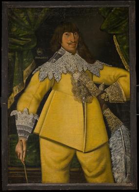Herrporträtt, knästycke, kyller och byxor av gult skinn, spetskrage. 