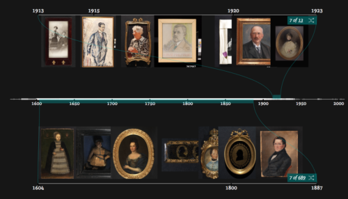 Screenshot of Faces of Sweden with timeline showing portraits from 1604 - 1887