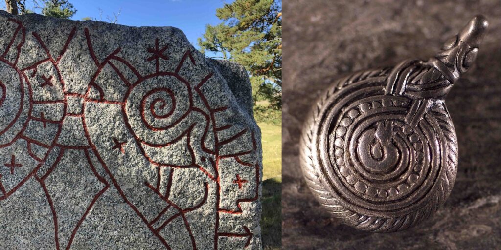 Detalj av en ormfigur på runstenen samt ett ormhänge