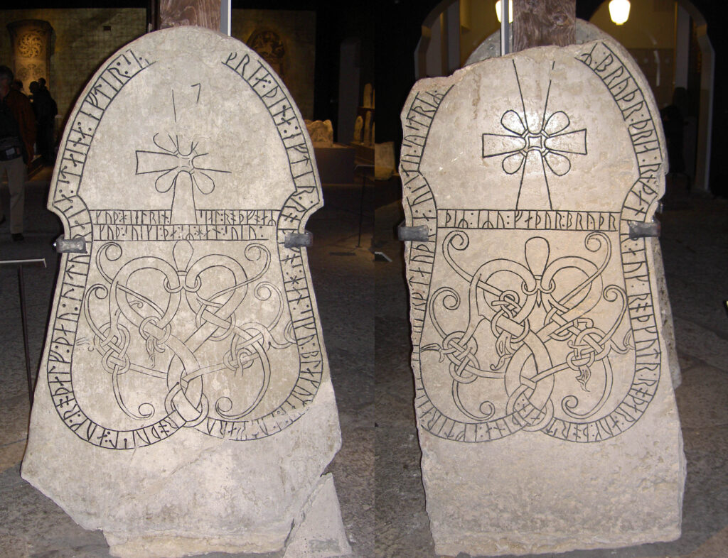 Två bildstensformade runstenar i Gotlands museum